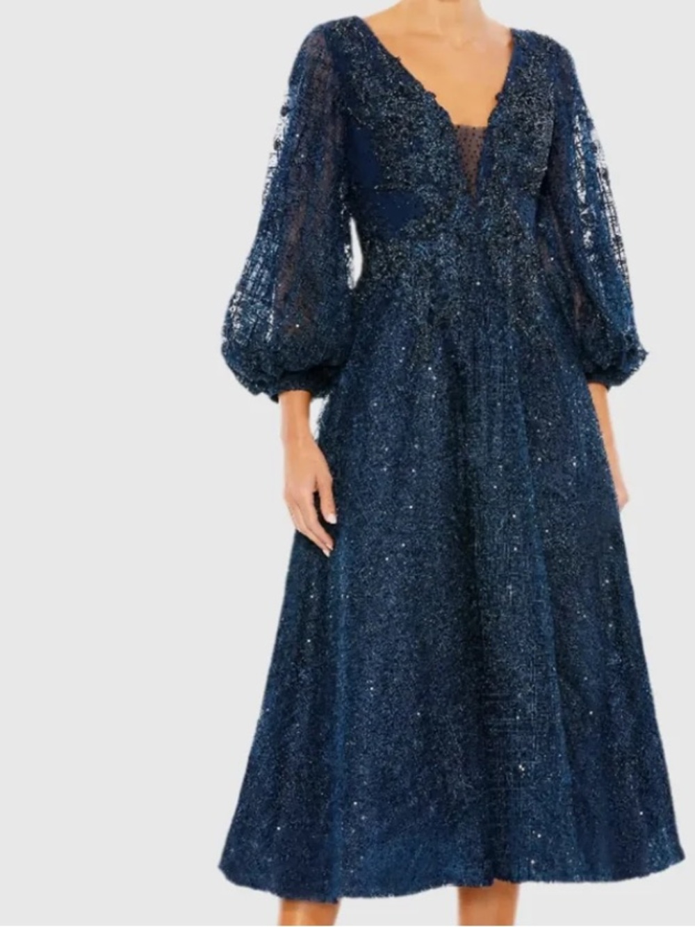 (A) BNWT MAC DUGGAL Elegant Navy Lace & Sequin Midi Dress with Puff Sleeves 2039